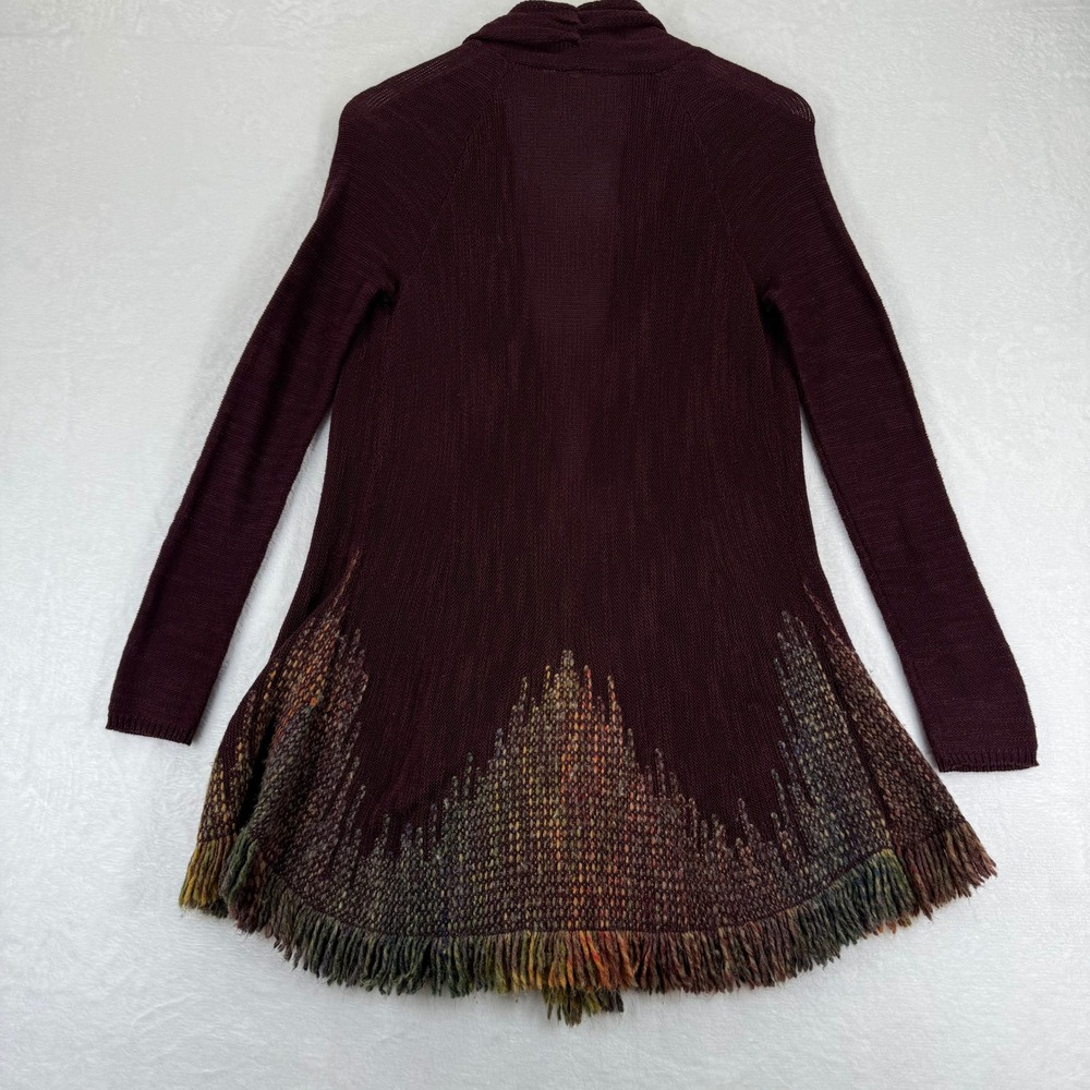 Moth Anthropologie Maroon Fringe Open Front Cardigan Space Dye Hem Small - Picture 9 of 10